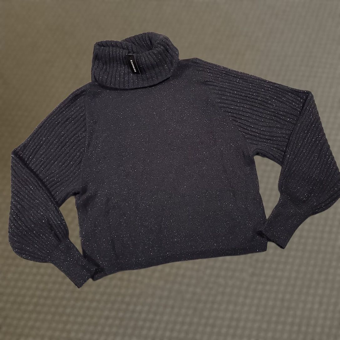 Express Express Cropped Sweater Women's Large Dark Gray Glitter Soft Turtle Neck Pullover Knit Long Sleeve Regular Fit Casual Holiday Women Mens/Girls Size L / US 10 / IT 46 - 1 Thumbnail