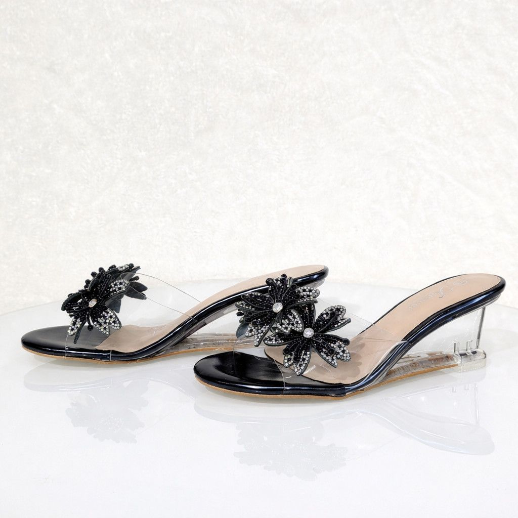 Other Eva Rhinestone Flower Black Slip On 2.5" Wedge Heel Casual E Size US 7 / IT 37 - 1 Thumbnail