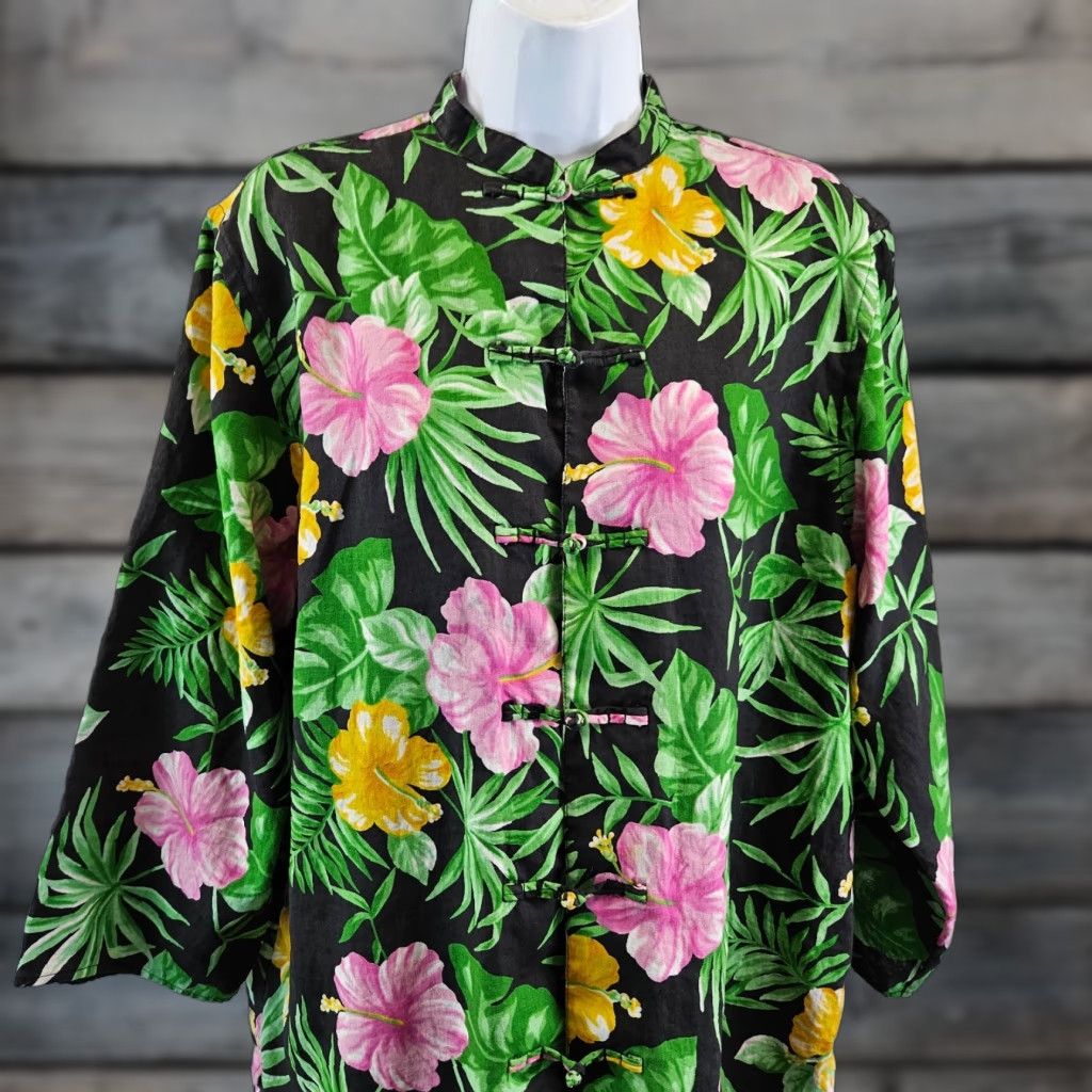 Ralph Lauren Lauren Ralph Lauren Womens Linen Top XL Green Pink Floral Button-Up 3/4 Sleeve Frog Closure Shirt Size XL / US 12-14 / IT 48-50 - 1 Thumbnail