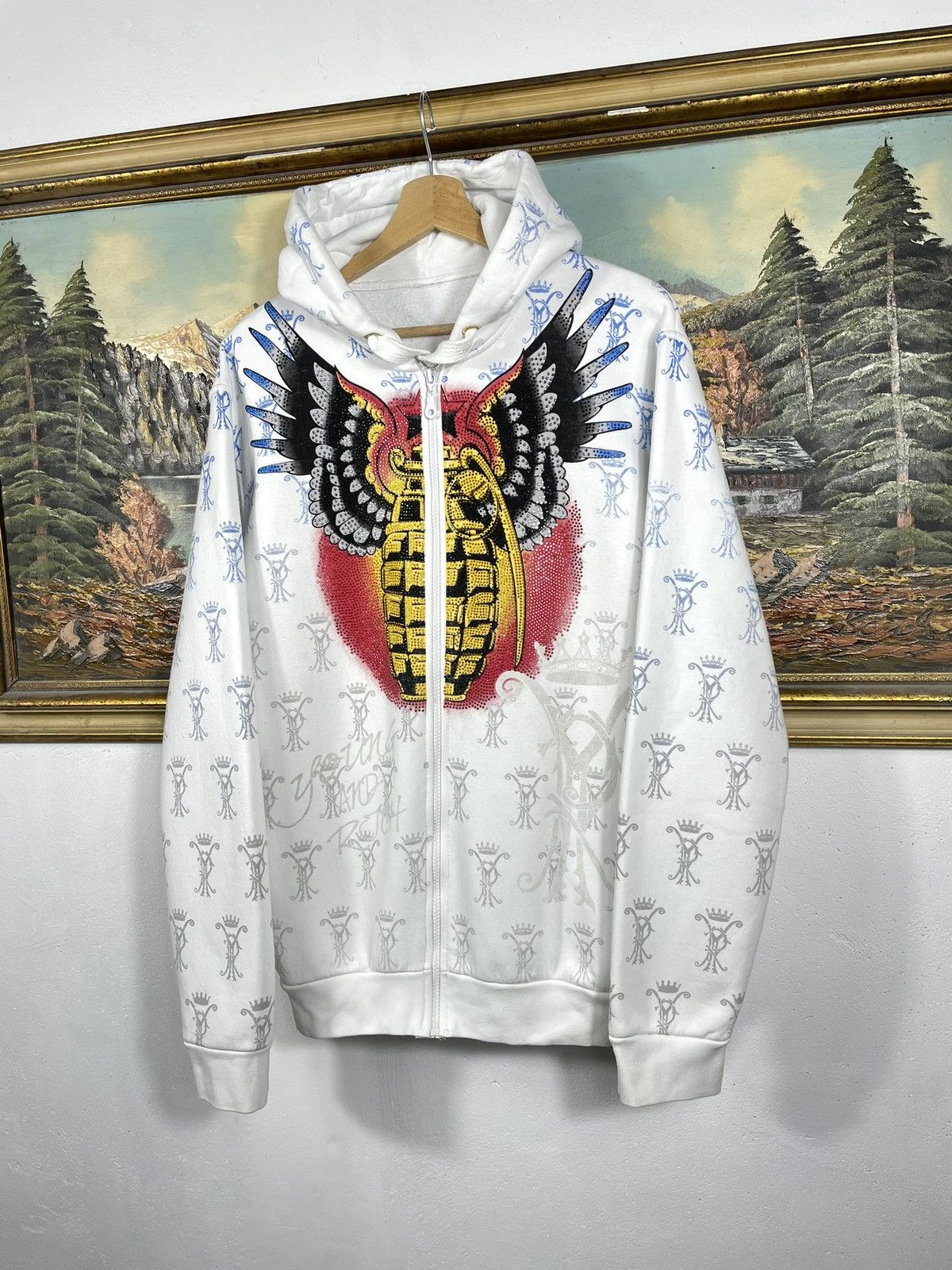 Christian Audigier × Ed Hardy × Vintage Ed Hardy Retro 00s Hoodie With Crystals Affliction Grunge Size US XL / EU 56 / 4 - 3 Thumbnail