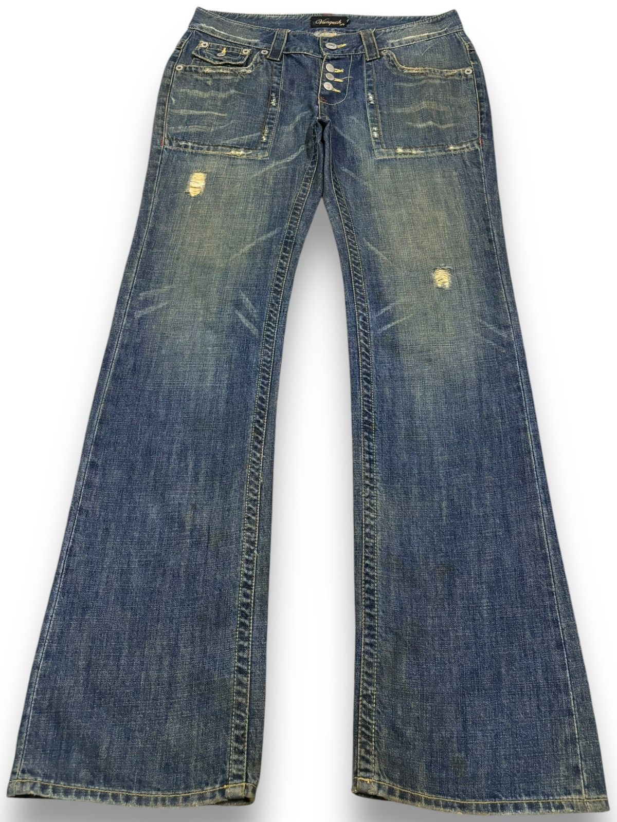 If Six Was Nine Vintage Vanquish Mud Wash Flare Distressed Grunge Jeans Size US 33 - 1 Thumbnail