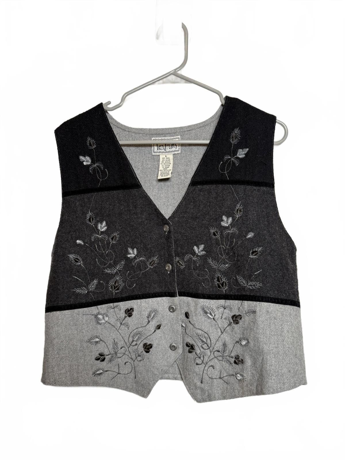 Other Vintage 90s Y2K Black and Gray Embroidered Wool Blend Vest Size L / US 10 / IT 46 - 5 Thumbnail