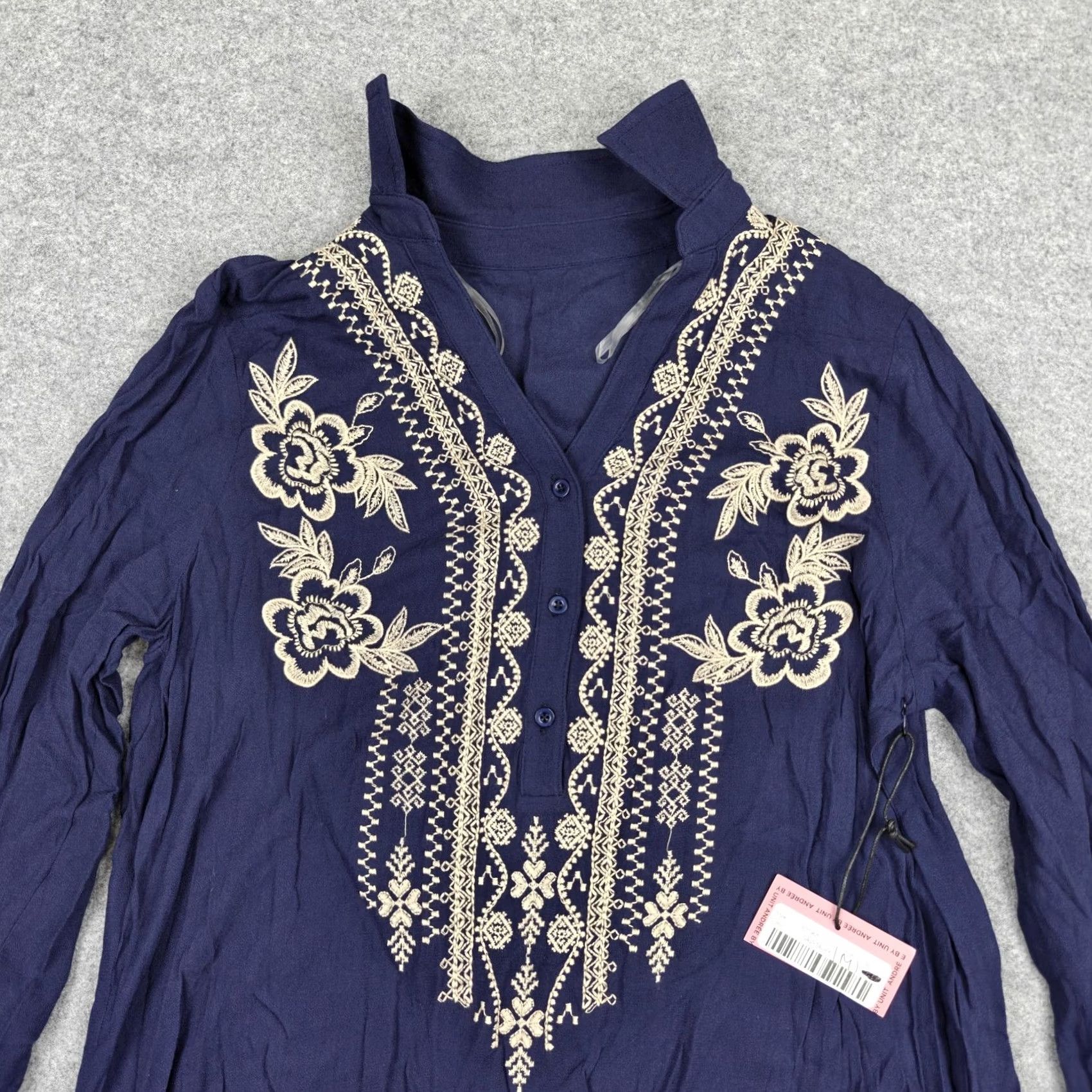 Vintage Andree By Unit Blouse Womens M Navy Embroidered Boho Tunic Top Long Sleeve Size M / US 6-8 / IT 42-44 - 2 Thumbnail
