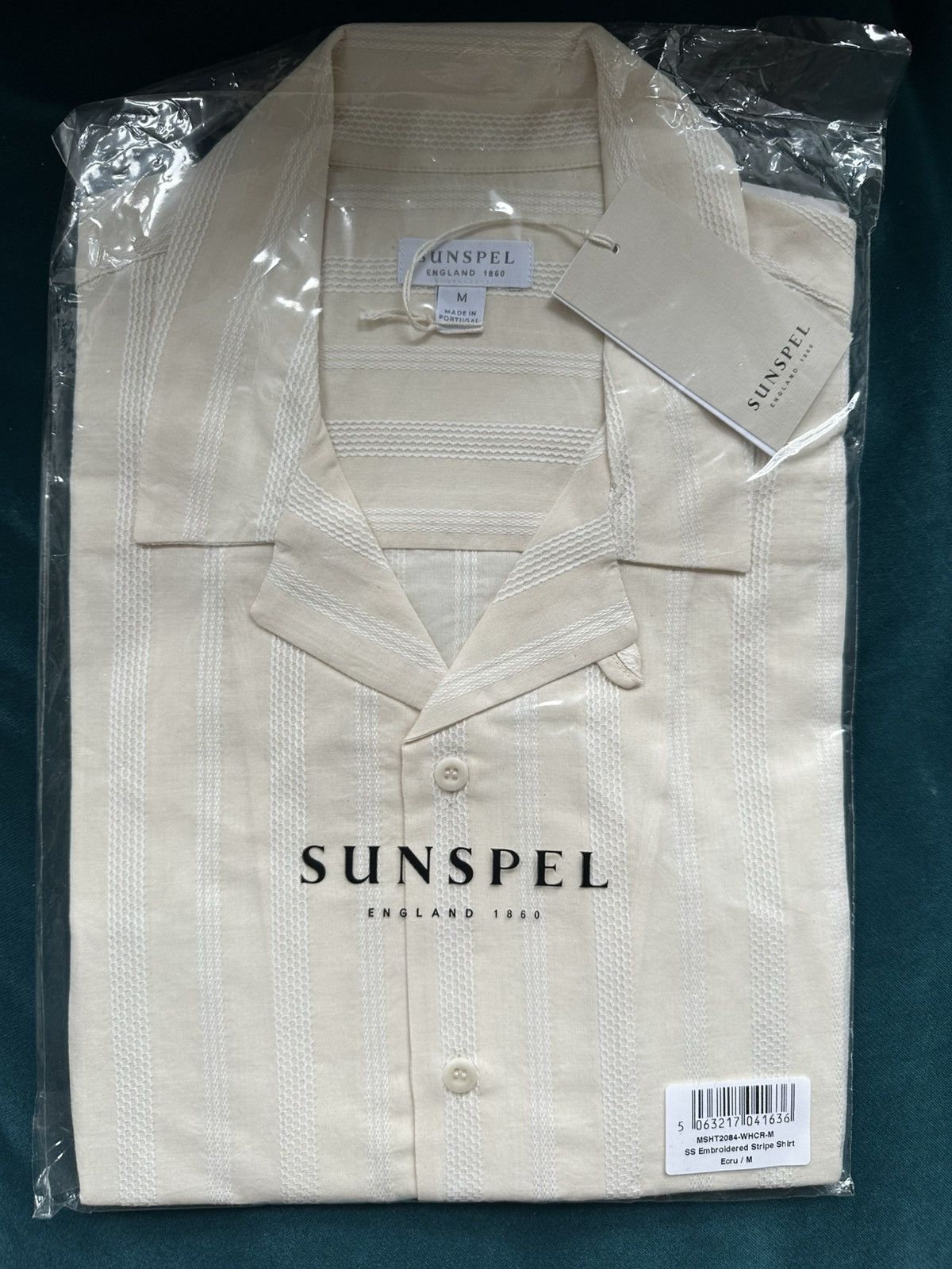 Sunspel Men’s S/S Embroidered Stripe Shirt in Ecru Size US M / EU 48-50 / 2 - 3 Thumbnail