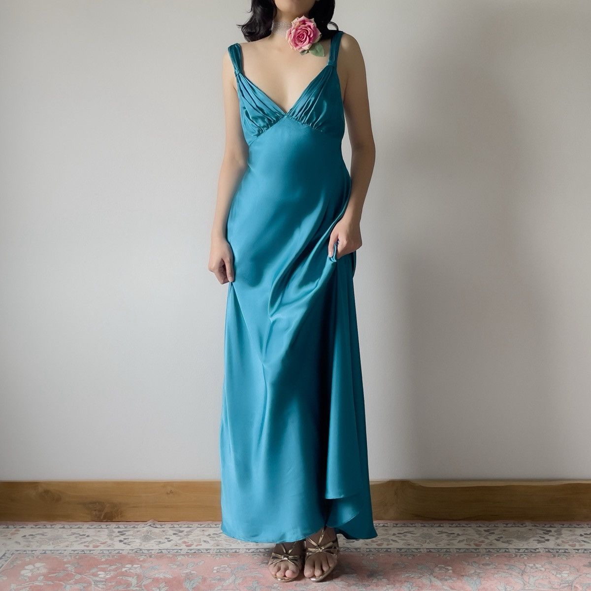 Vintage Vintage Jonquil Teal Satin Slip Gown (M–L) Size L / US 10 / IT 46 - 1 Thumbnail