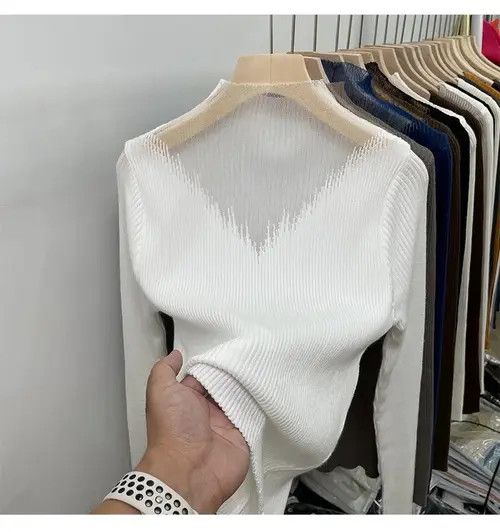 Women Transparent Knit T Shirt Autumn Lace Patchwork