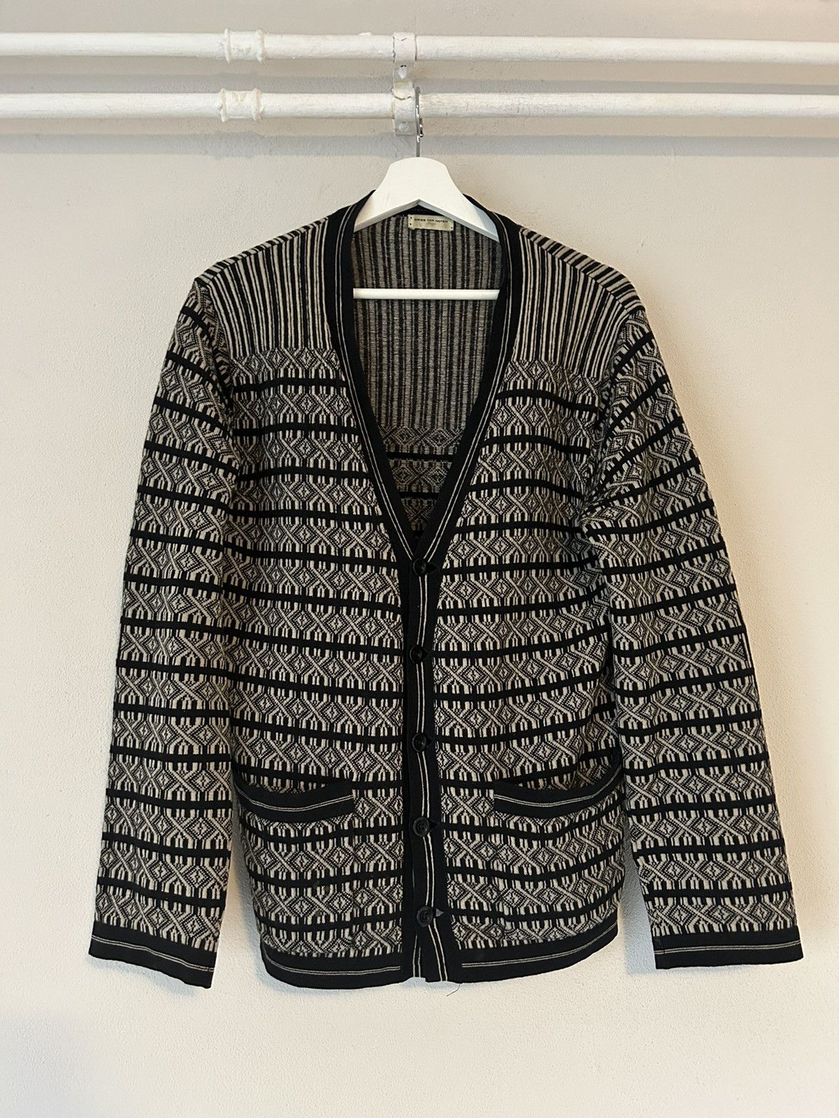 image of Dries Van Noten Pattern Knit Wool Cardigan in Black, Men's (Size Medium)