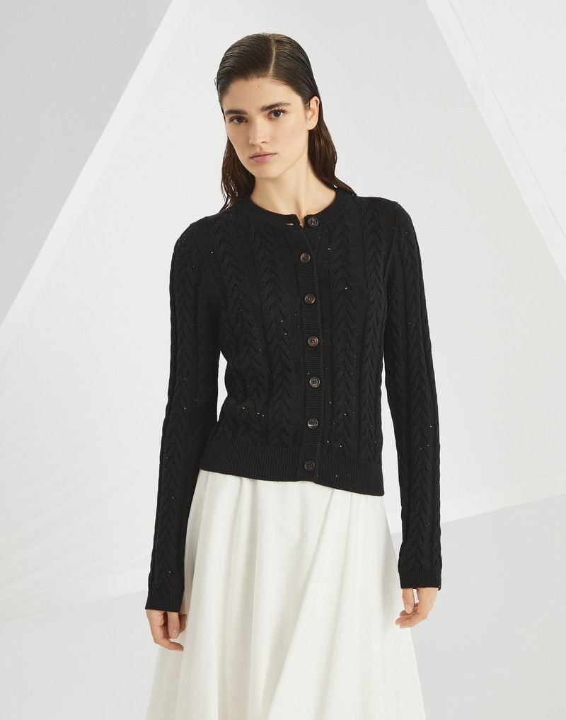 Brunello Cucinelli o1la1rc1a0326 Dazzling Double Cable Cardigan in Black Size XL / US 12-14 / IT 48-50 - 1 Thumbnail