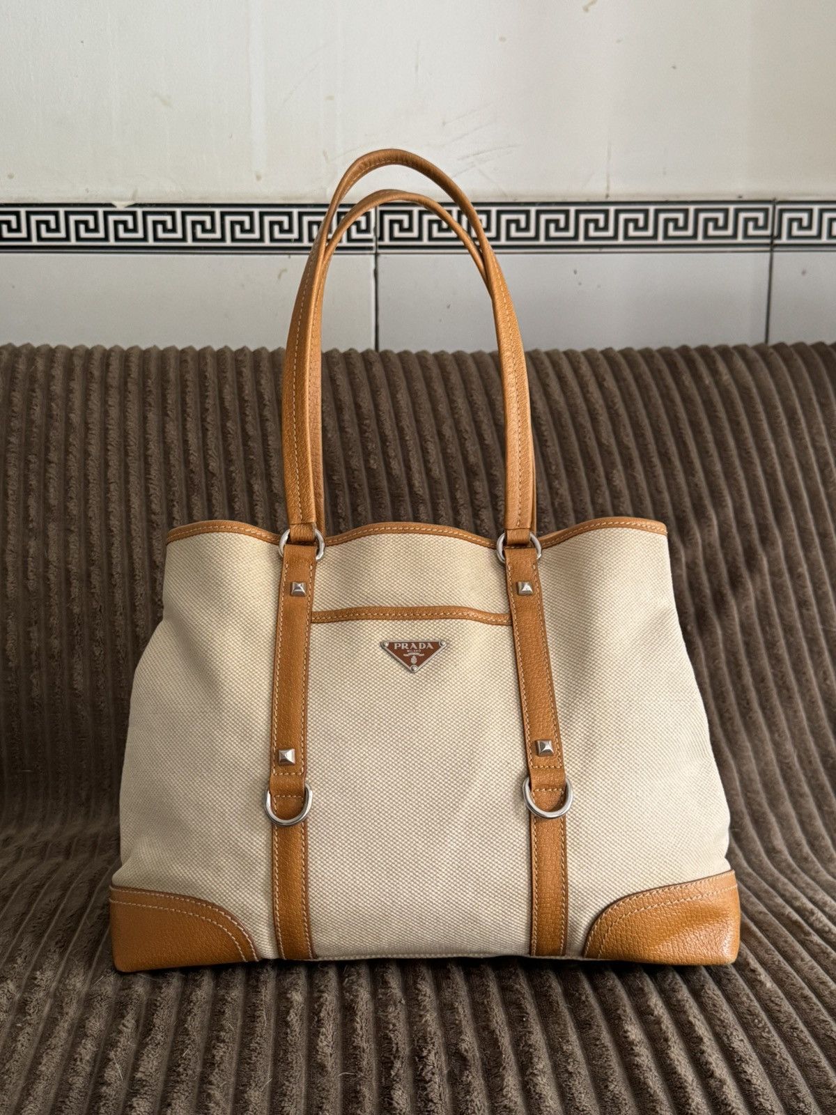 Prada × Vintage Vintage Prada Totebag Pocket Canvas Leather Size ONE SIZE - 1 Thumbnail