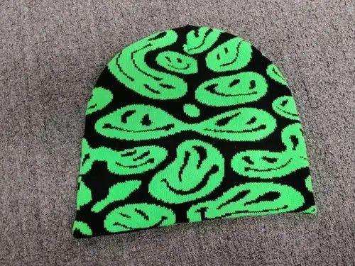 Japanese Brand Trippy Smiley Acid Emoji Graphic No Cuff Beanie Hat Black Size ONE SIZE - 4 Thumbnail