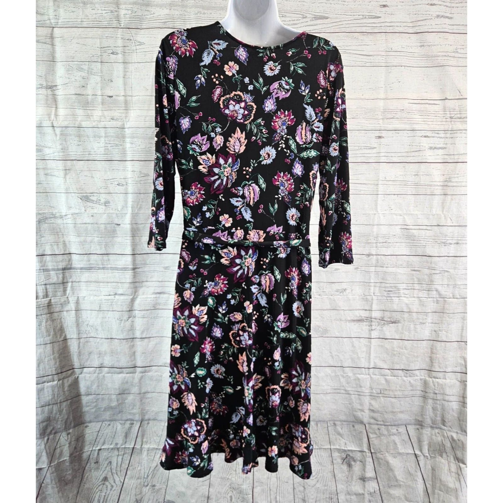 Vintage Leota Dress Womens Sz Large Black Purple Floral 3/4 Sleeve V-Neck Belted Size L / US 10 / IT 46 - 4 Thumbnail