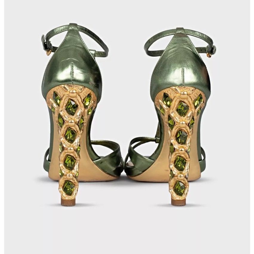 Miu Miu Miu Miu Green Leather Crystal Block Heel Sandals Sz 37.5 Size US 7.5 / IT 37.5 - 4 Thumbnail