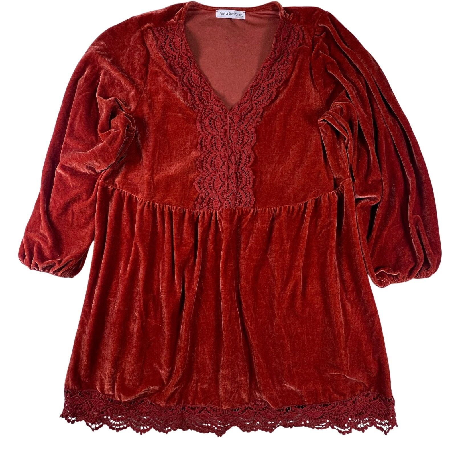 Rusty Rust Velvet Lace Mini Dress 3XL – Boho Witchy Romantic Size 3XL / US 20-22 - 3 Thumbnail