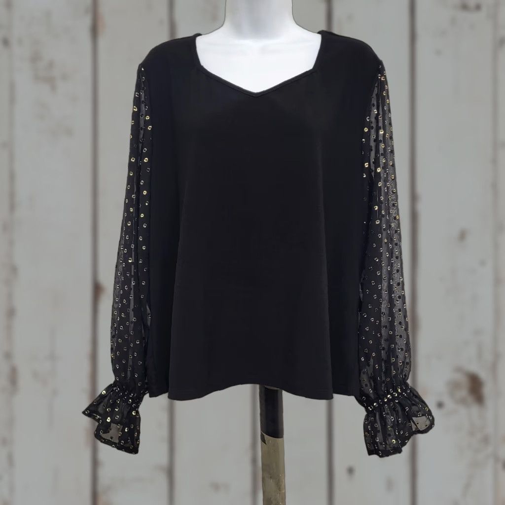 Vintage LOVE SCARLETT Blouse Women's XL Black Smocked Swiss Gold Dot Bell Sleeve Round Neck Pullover Size XL / US 12-14 / IT 48-50 - 1 Thumbnail