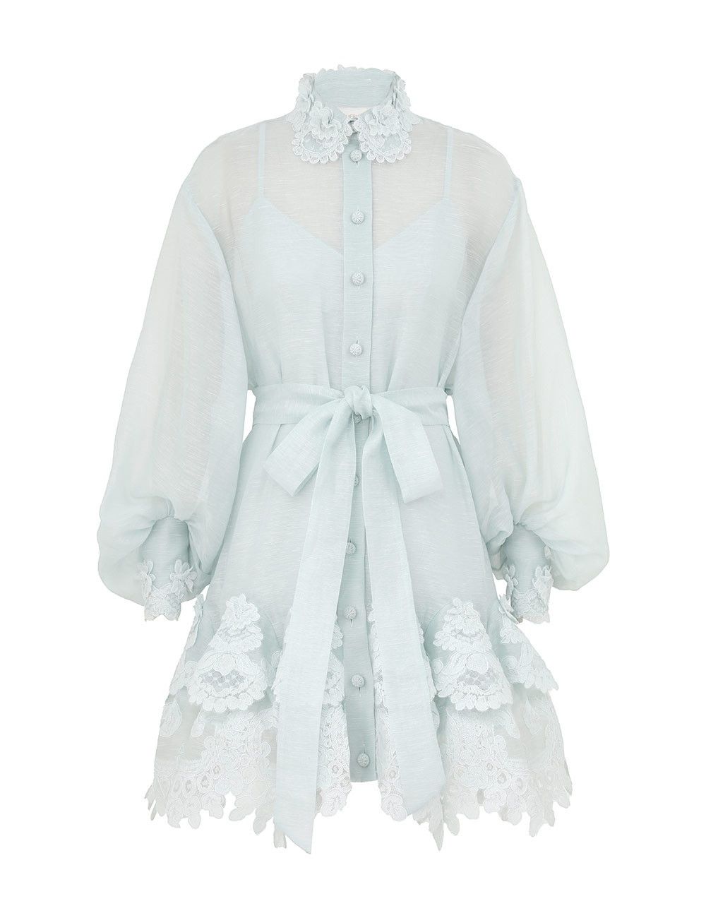 Zimmermann oc11z0925 Crush Tiered Lace Shirt Dress in Mint Blue Size XS / US 0-2 / IT 36-38 - 1 Thumbnail