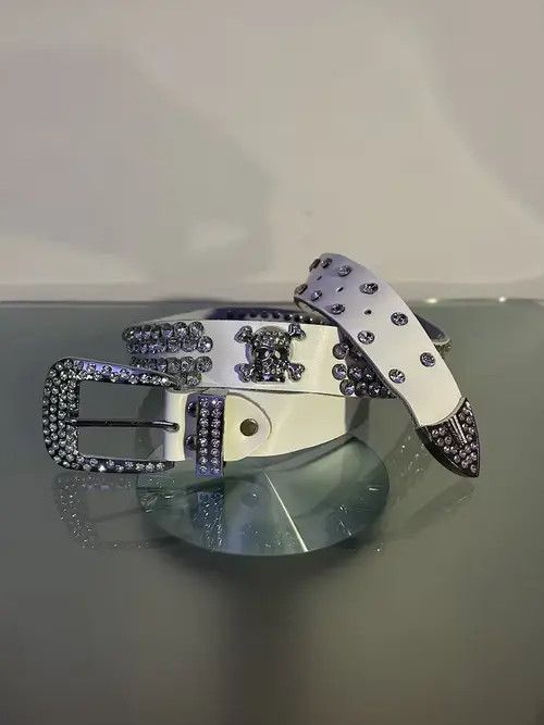 Japanese Brand Y2K Rhinestone Skull Belt (white) Size 32 - 2 Thumbnail