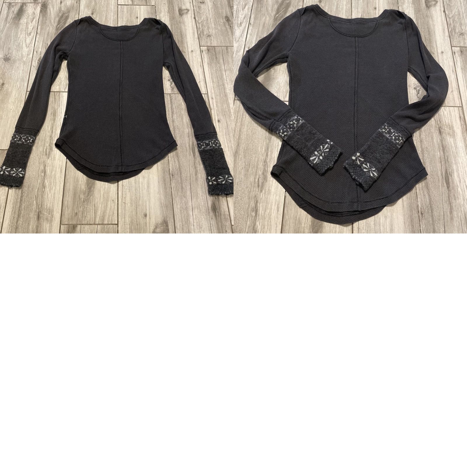 Free People Free People Thermal Waffle Weave Top Black Knit Contrast Cuffs Women S T-Shirt Short Description: Pre-owned Boho Ladies Size S Size S / US 4 / IT 40 - 8 Thumbnail