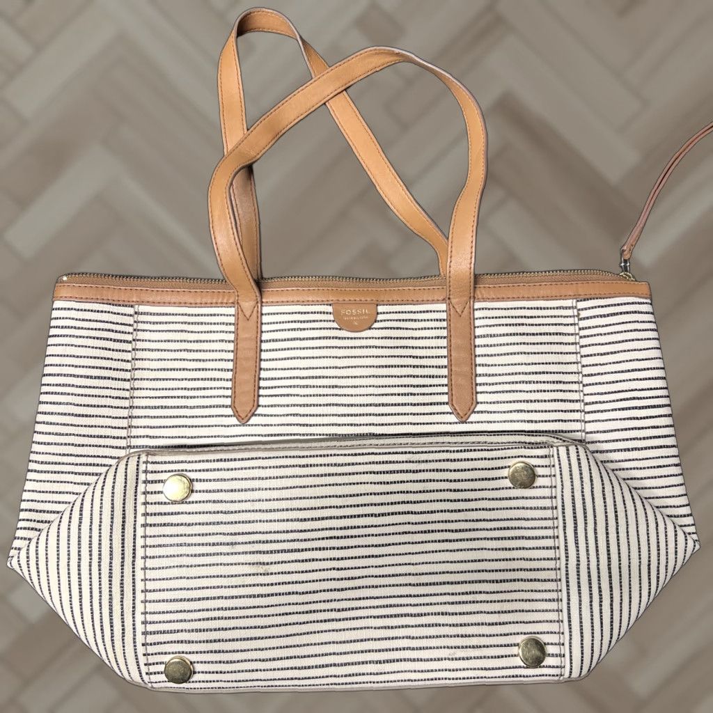 Fossil Fossil Tote Bag Blue Exterior Striped Coated Fabric Large Zip Tote Woman's Fossil Bag Accessories Size ONE SIZE - 1 Thumbnail