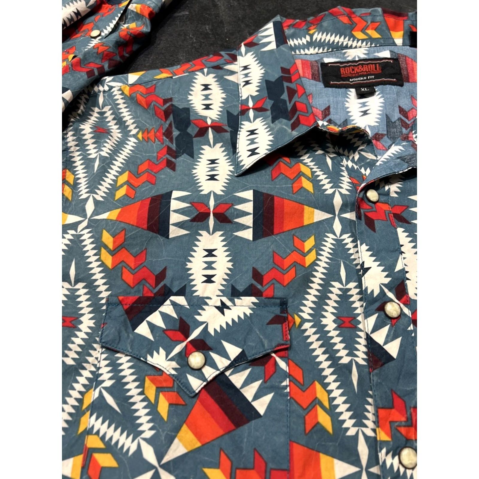 Vintage Rock & Roll Denim Shirt Mens XL Red Western Geometric Snap Button-Up Stretch Pockets Cotton Spandex Regular Size US XL / EU 56 / 4 - 4 Thumbnail
