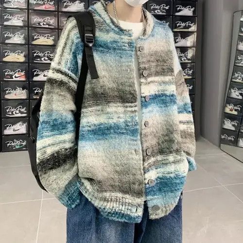 image of Loose Knitwear Striped Cardigan in Blue Grey, Men's (Size Large)