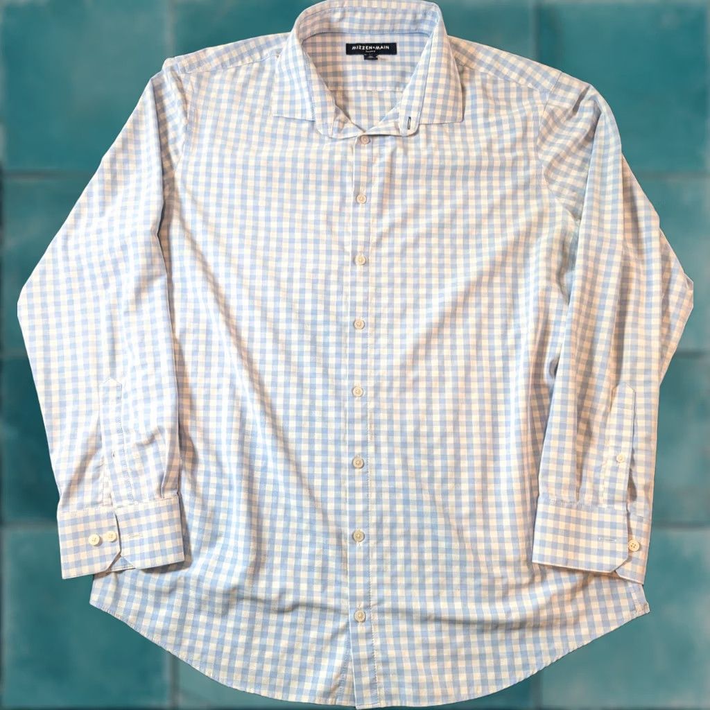 Mizzen+Main Mizzen+Main Leeward Trim Fit Gingham Check Performance Dress Shirt Blue Men's XL Size 46R - 1 Thumbnail