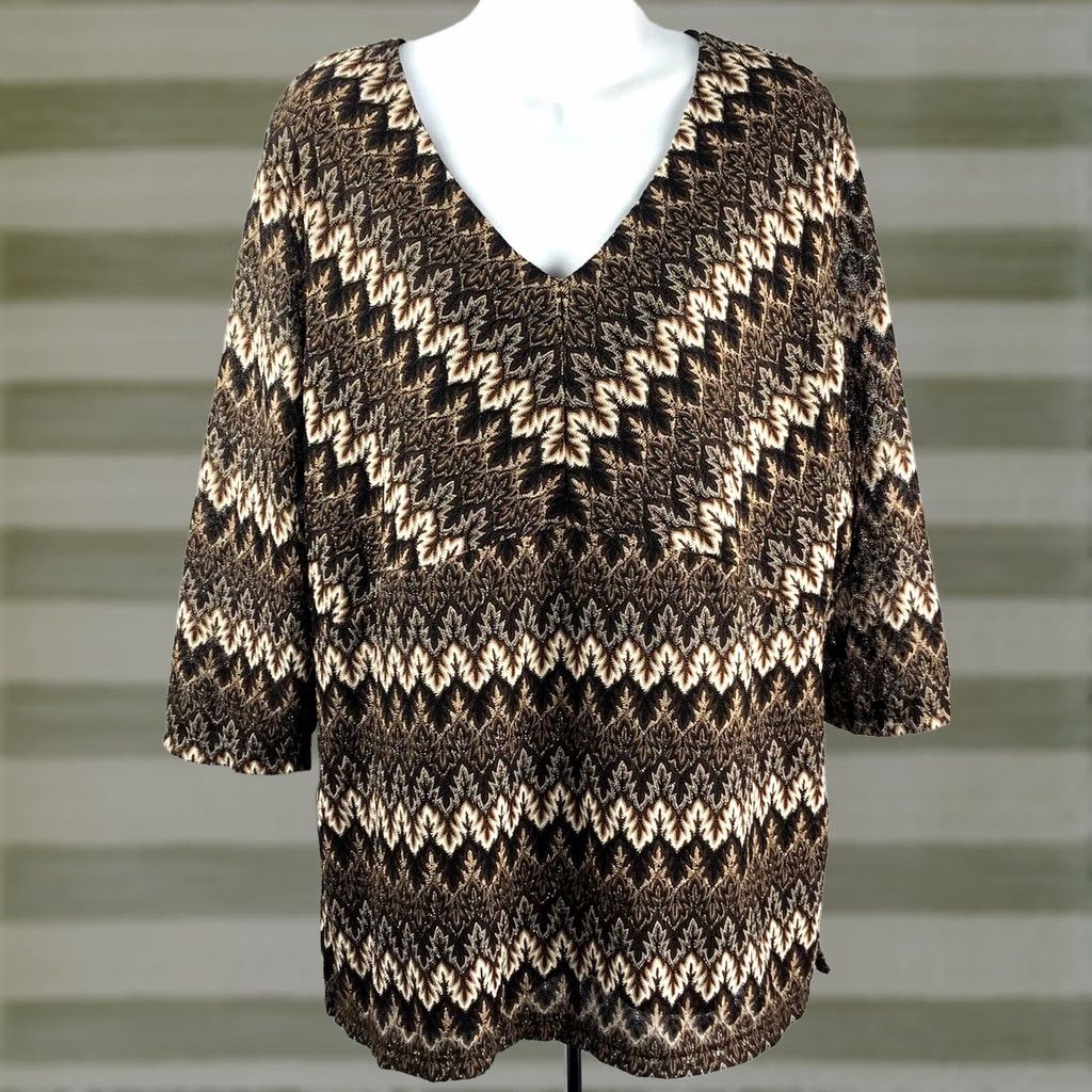 JM Collection JM Collection Knit Top 2X Brown Sparkle 3/4 Sleeve V-Neck Geometric Aztec Boho Tunic Women XS to XL? Size XXL / US 16-18 / IT 52-54 - 1 Thumbnail