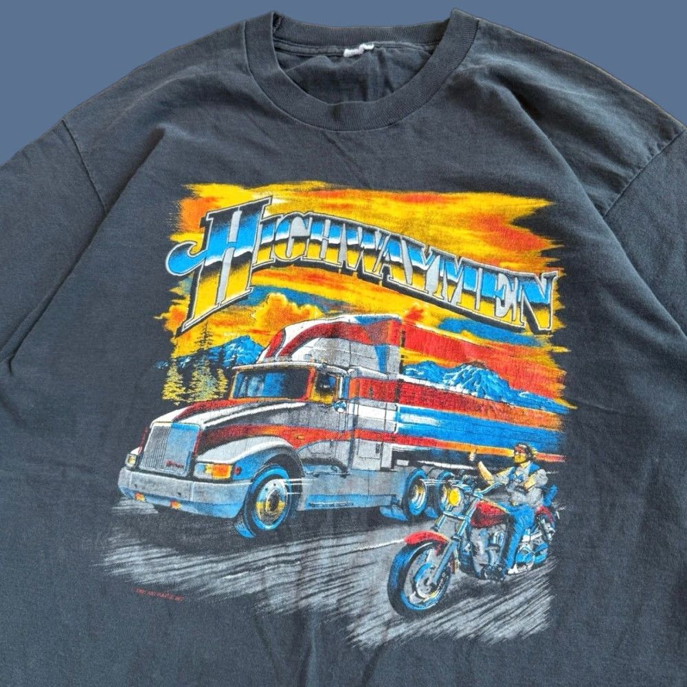 Fruit Of The Loom VINTAGE 90s Highwaymen Biker Trucker T-Shirt XL Black Mens Fruit of the Loom Short Sleeve Crew Neck 1990s Size XL Back to Front? Size US XL / EU 56 / 4 - 1 Thumbnail