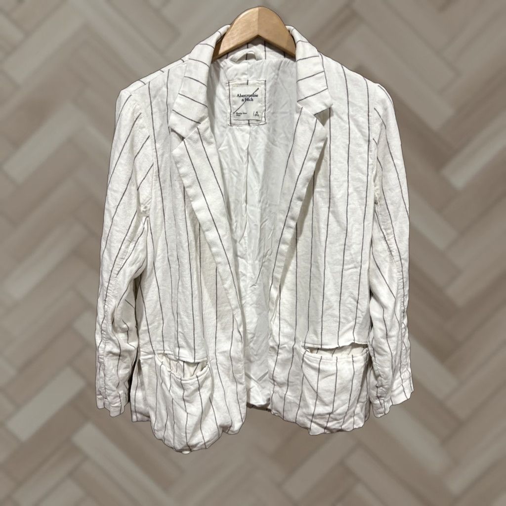 Abercrombie & Fitch VINTAGE Abercrombie & Fitch Blazer Women XL White Pinstriped Open Linen Blazer Style Basic Jacket Size XL / US 12-14 / IT 48-50 - 1 Thumbnail
