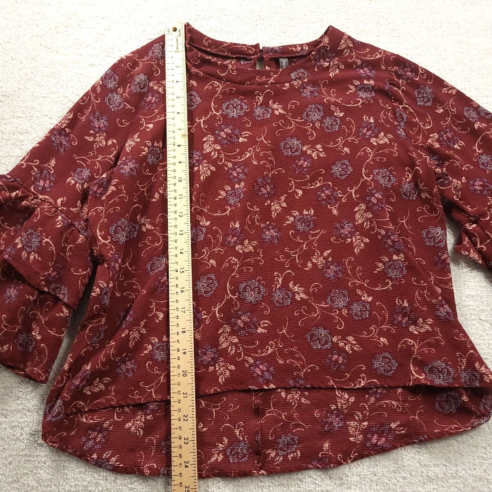 Bell Massini Womens Blouse Top Large Bell Sleeve Ruffle Floral Maroon Red L Regular Size L / US 10 / IT 46 - 5 Thumbnail