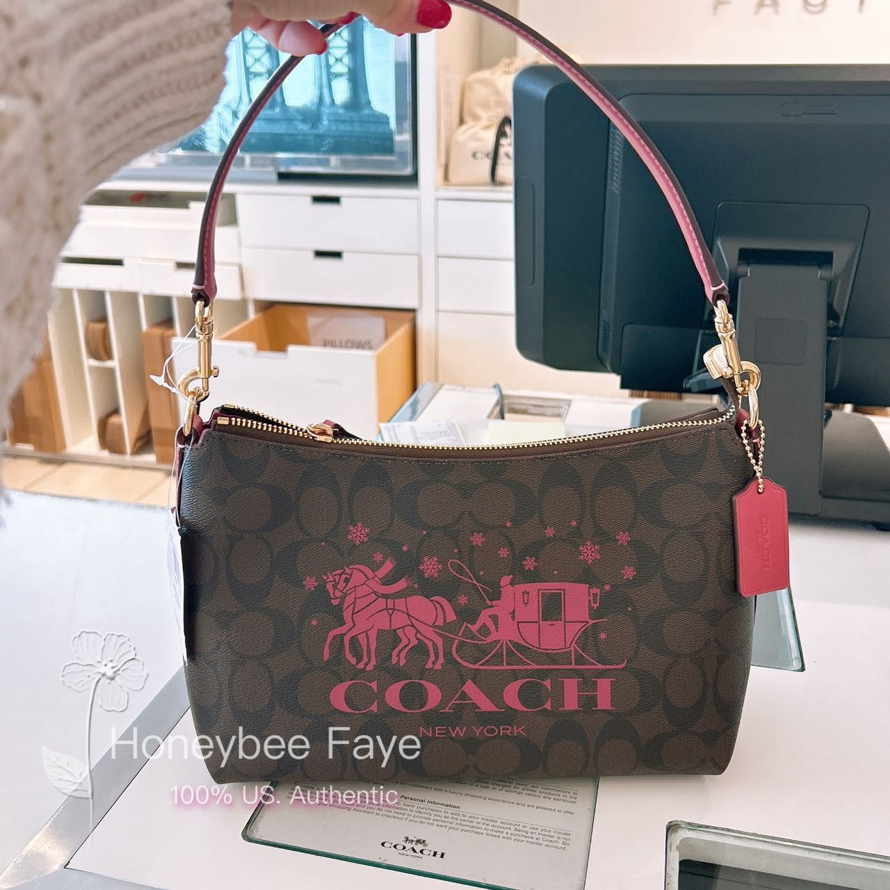 image of Coach Clara Shoulder Bag In Signature Canvas With Horse And Sleigh in Im/Brown/Rouge, Women's