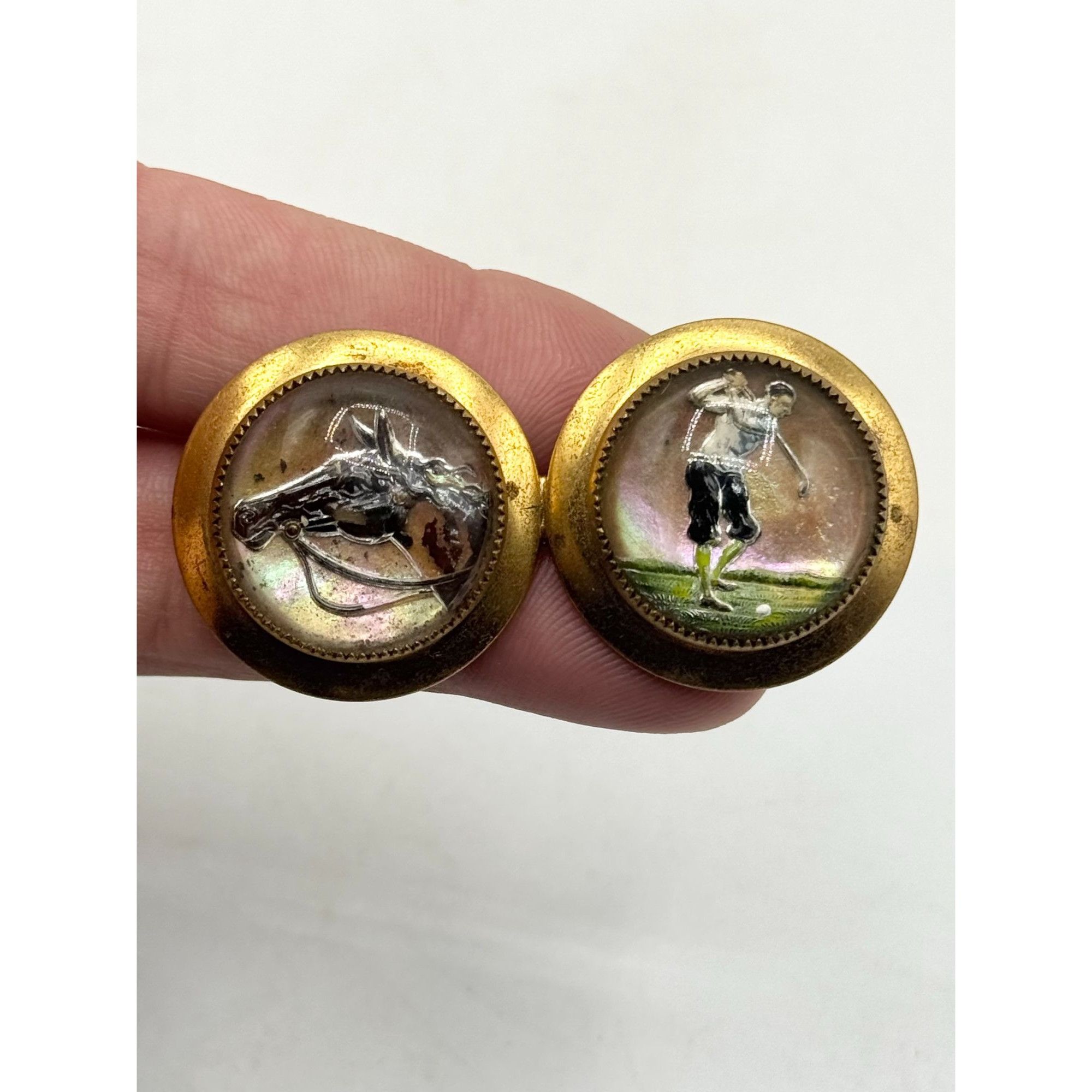 Vintage Antique rosette reverse glass painted horse golf brooch pin Size ONE SIZE - 1 Thumbnail