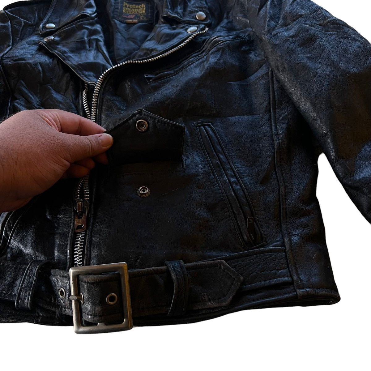 Vintage 🔥VTG LEATHER BIKER JACKET DOUBLE BREAST PROTECH APPAREL Size US M / EU 48-50 / 2 - 14 Thumbnail