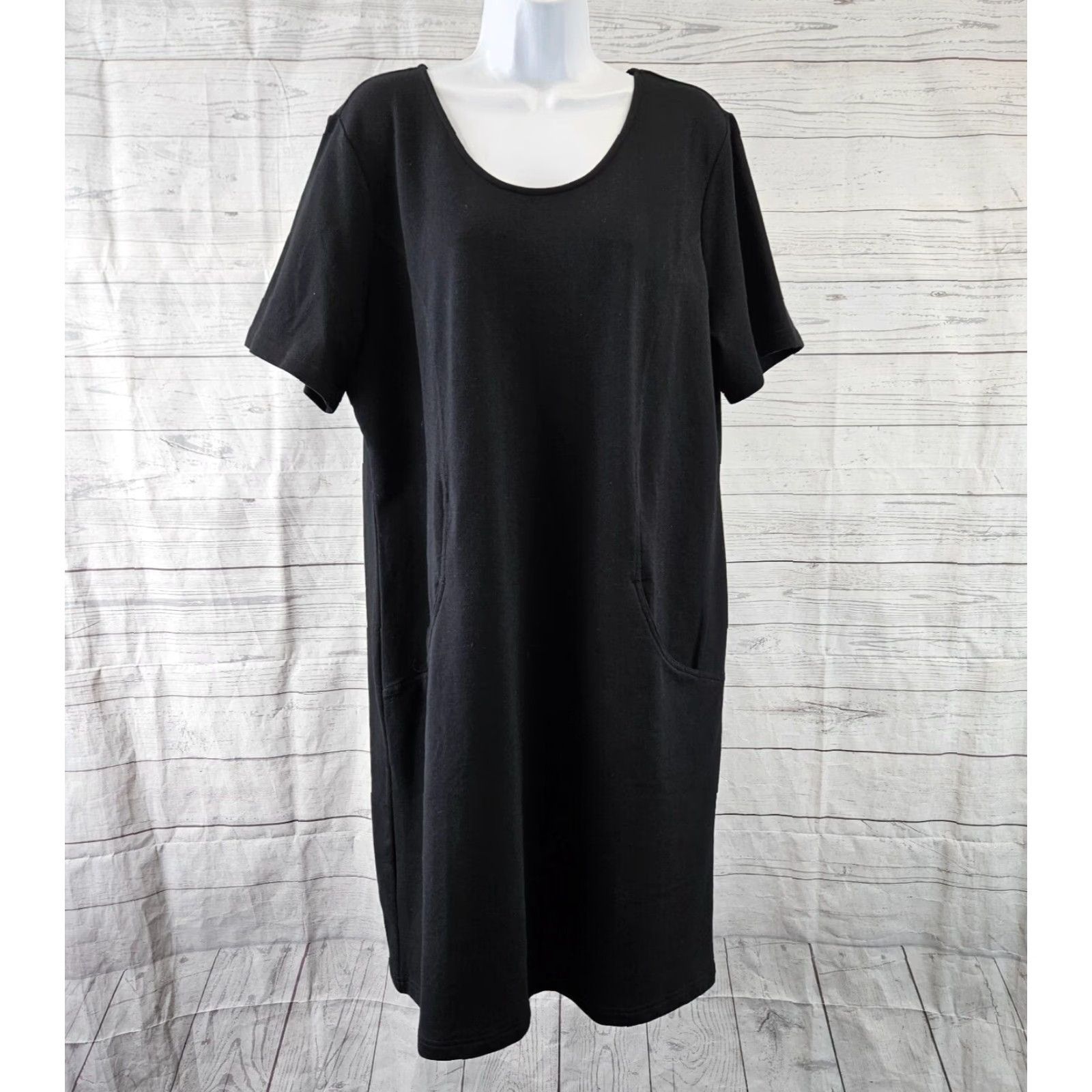 Vintage D&Co Active Womens Dress Large Solid Black Pockets Cotton Blend Scoop Neck Shift Dress Size L / US 10 / IT 46 - 2 Thumbnail