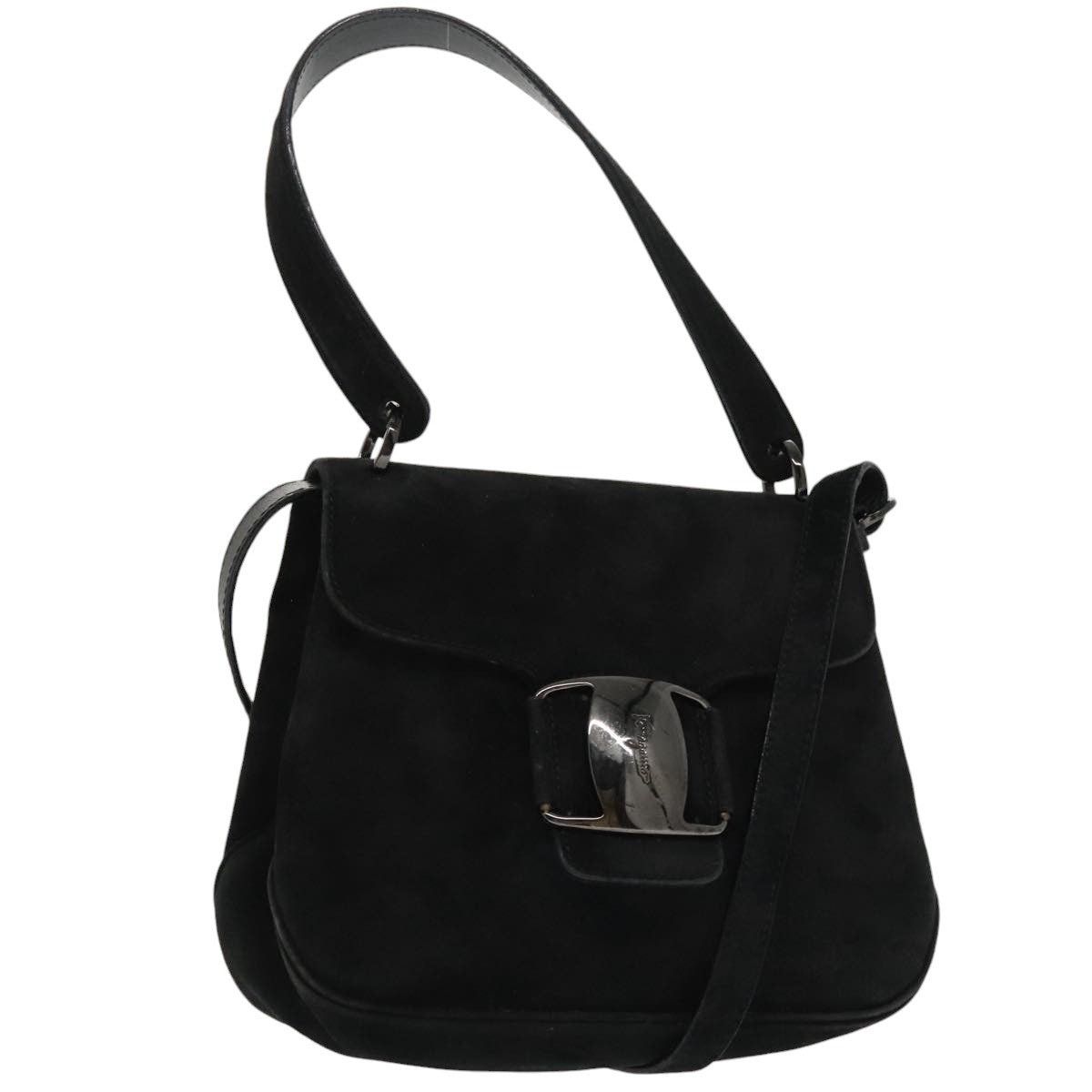 Salvatore Ferragamo Hand Bag Suede Black Silver