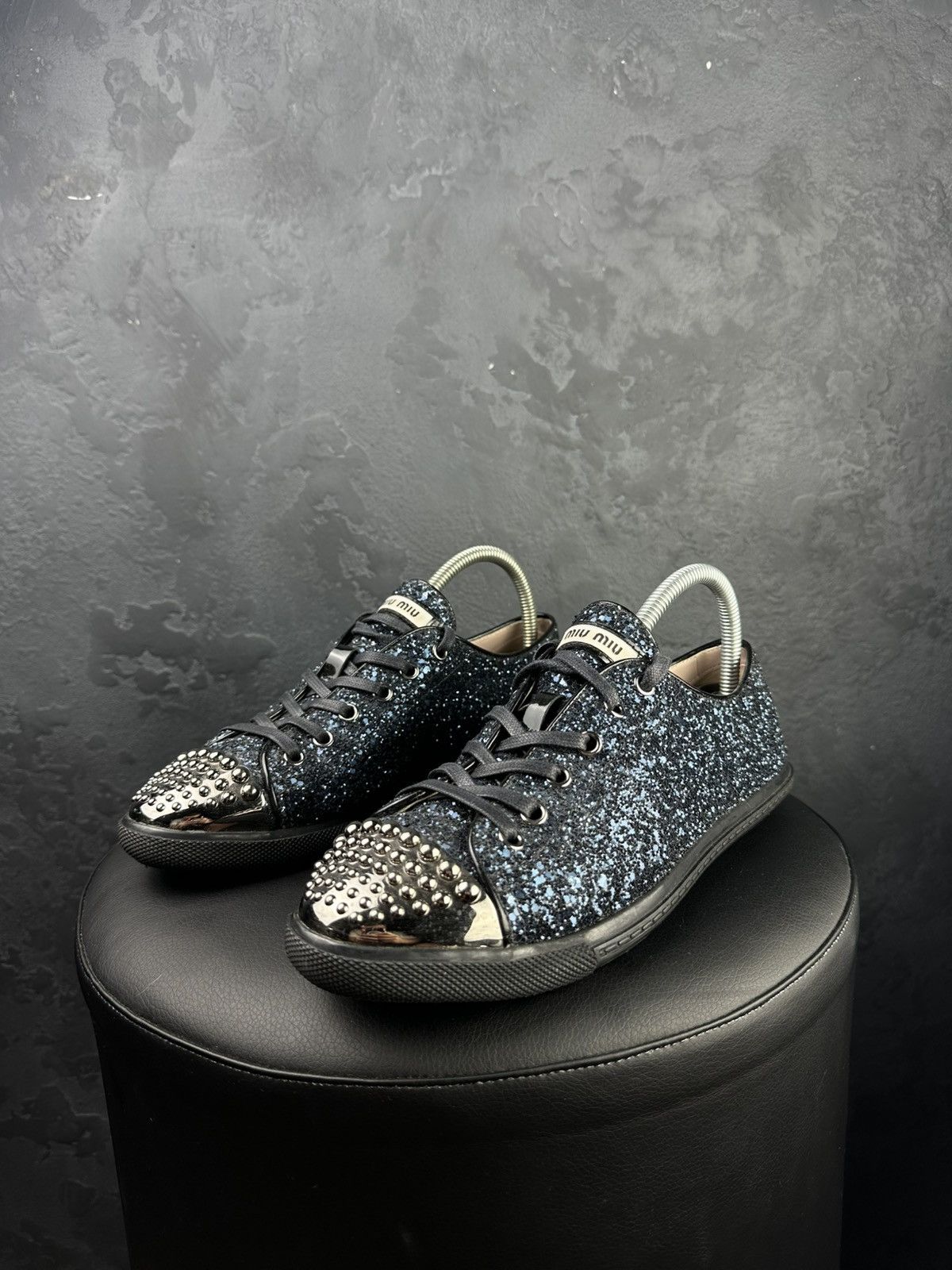 Miu Miu Miu Miu Glitter Dark Blue Studded Blue Trainer Sneakers Size US 10 / IT 40 - 1 Thumbnail