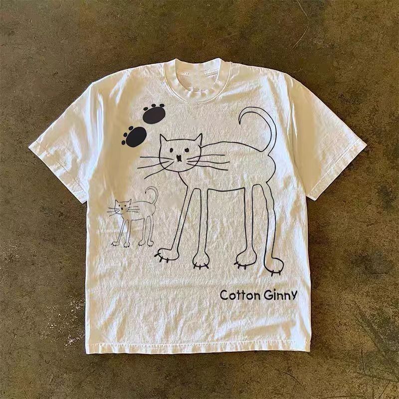 Vintage White casual retro cute cat print t-shirt Size US M / EU 48-50 / 2 - 1 Thumbnail
