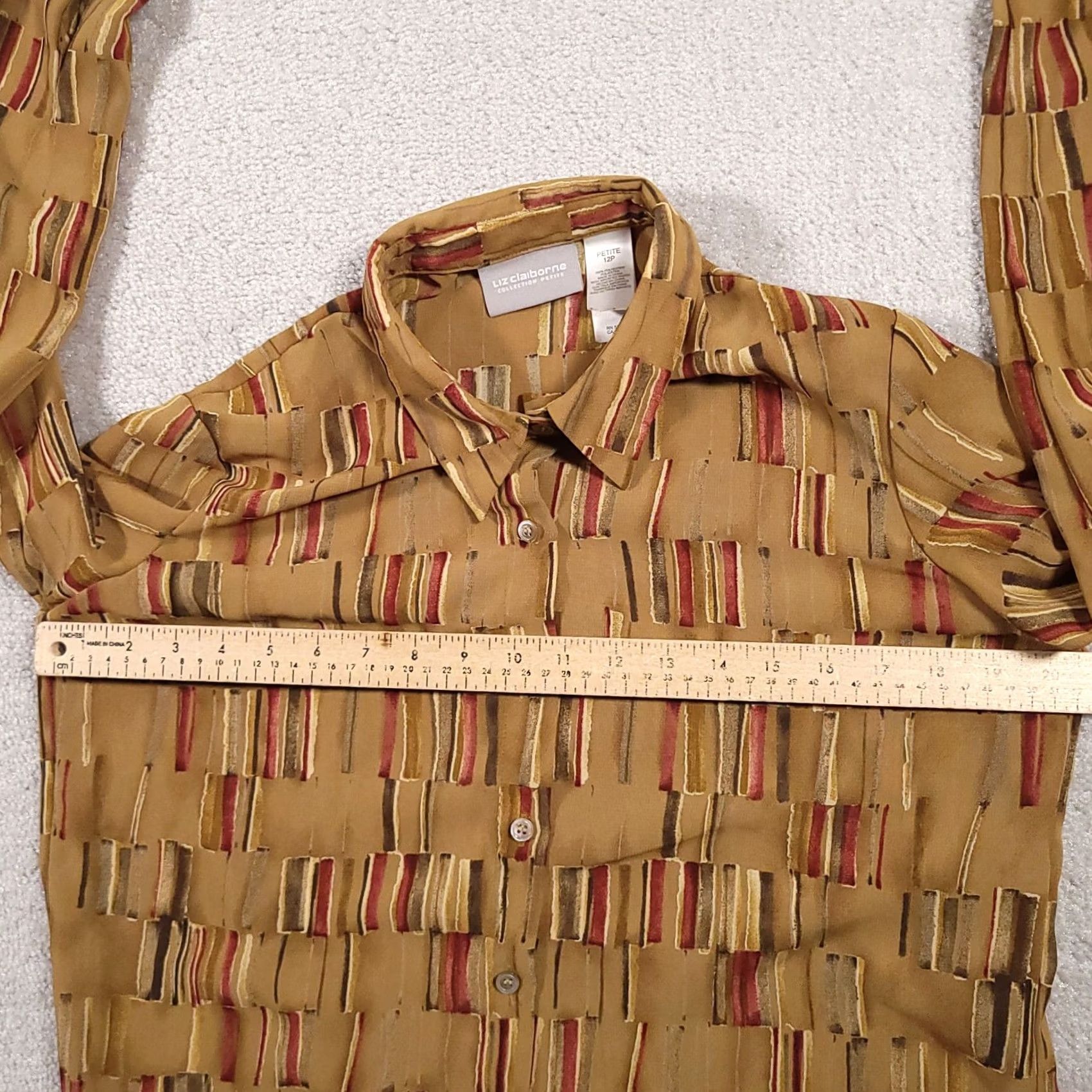 Liz Claiborne VINTAGE Liz Claiborne Button Up Shirt Women's 12P Petite Brown Geometric All Over Print Size XL / US 12-14 / IT 48-50 - 6 Thumbnail