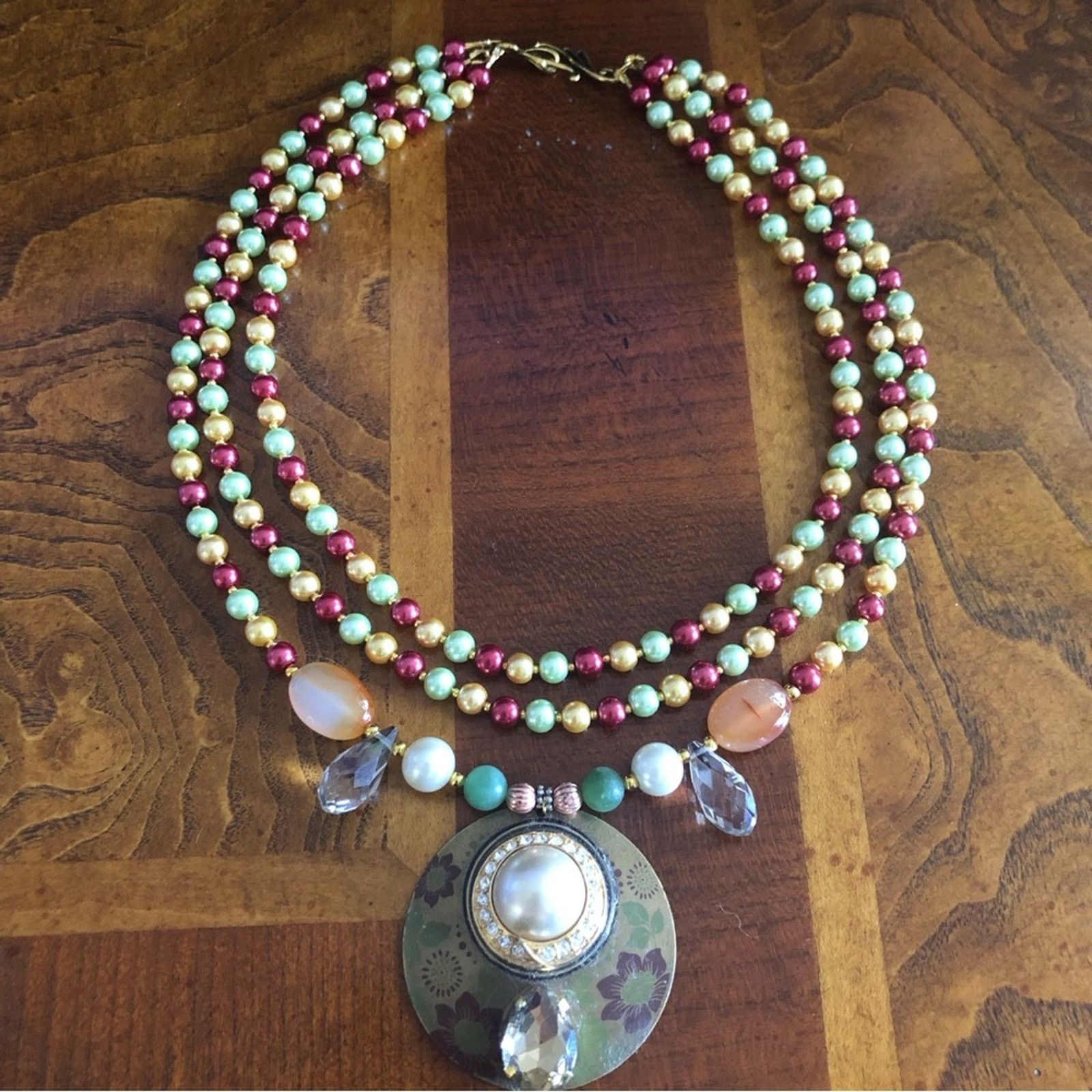 Handmade Handcrafted repurpose large amulet pendant Pearl necklace Size ONE SIZE - 9 Thumbnail