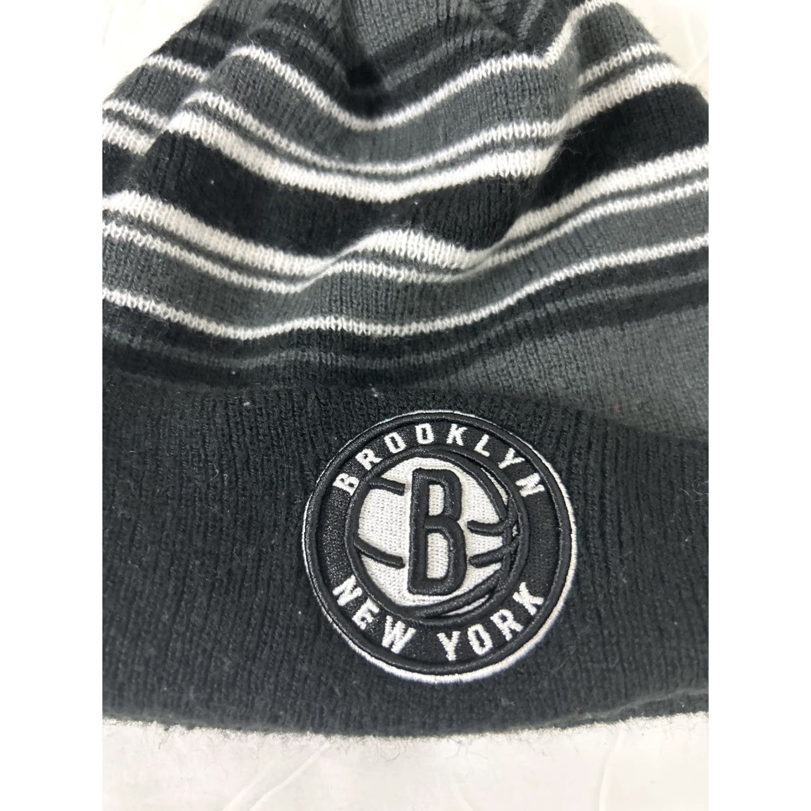 New Era BROOKLYN NETS NEW ERA NBA POM BEANIE STRIPED ADULT HAT BLACK GREY WHITE Size ONE SIZE - 3 Thumbnail