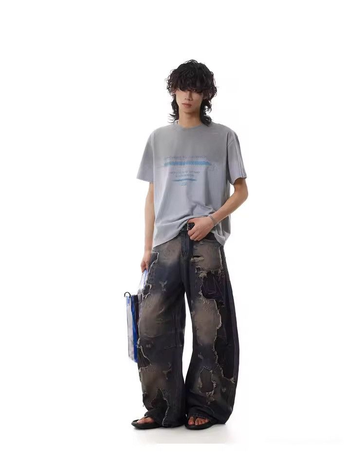 Jean Distressed Retro Streetwear Straight Baggy Jeans Pants Size US 29 - 6 Thumbnail