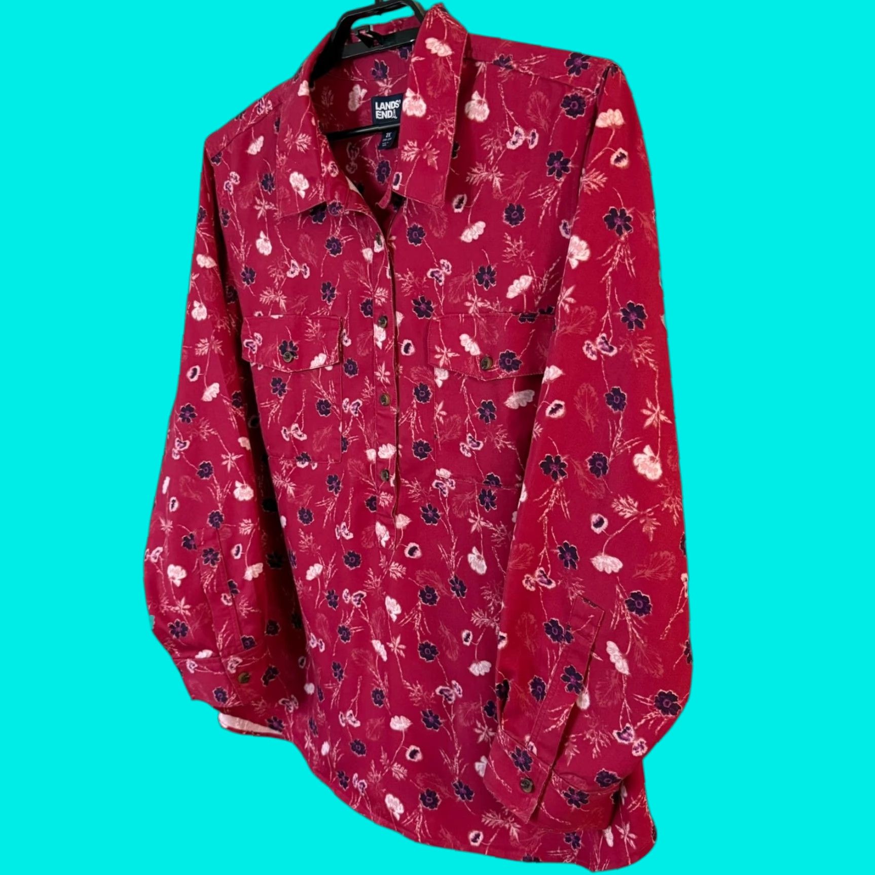 Lands' End Lands' End Tunic Shirt Red Women's 2X Sketch Floral Half-Button Popover Top Button-Up Shirt Women Plus Size Colorful Floral Classic Preppy All Seasons Size XXL / US 16-18 / IT 52-54 - 1 Thumbnail