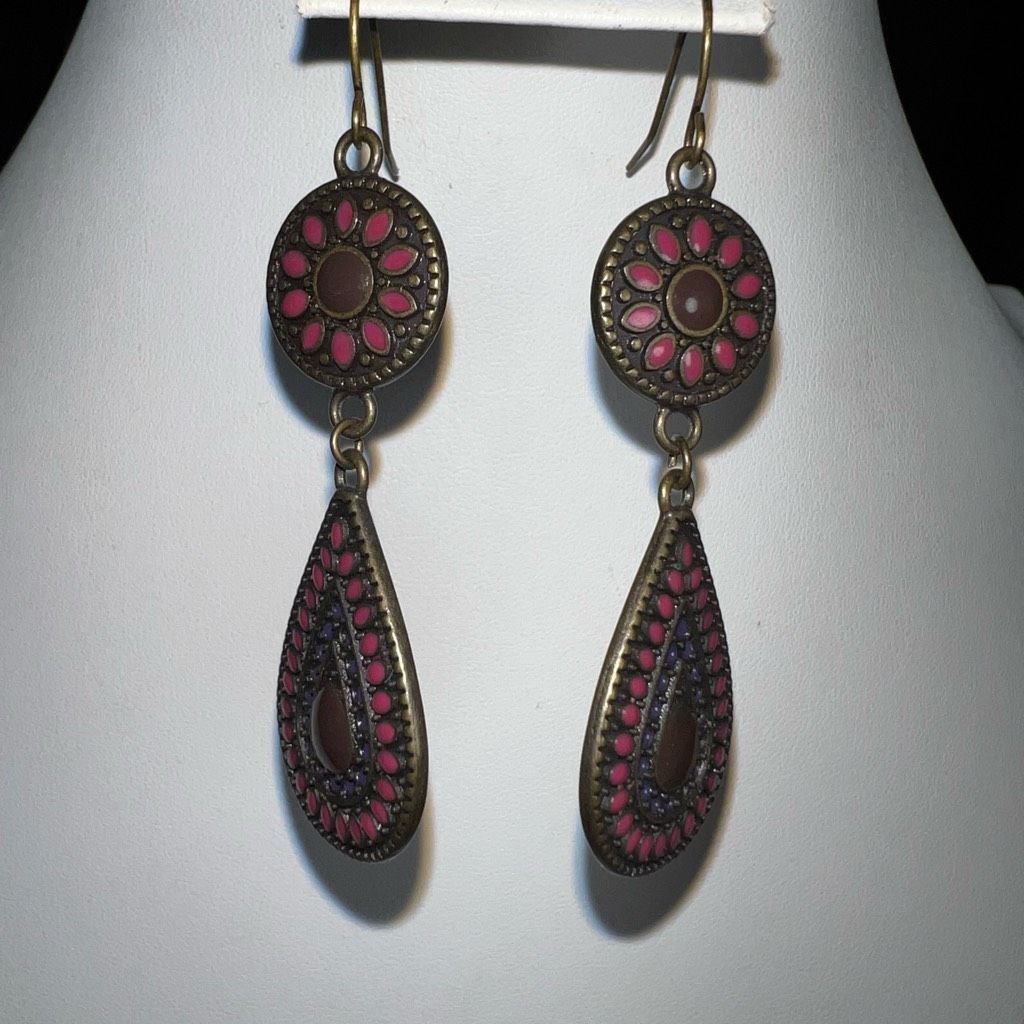 Vintage Vintage Bronze Tone Mosaic Teardrop Dangle Earrings Size ONE SIZE - 4 Thumbnail