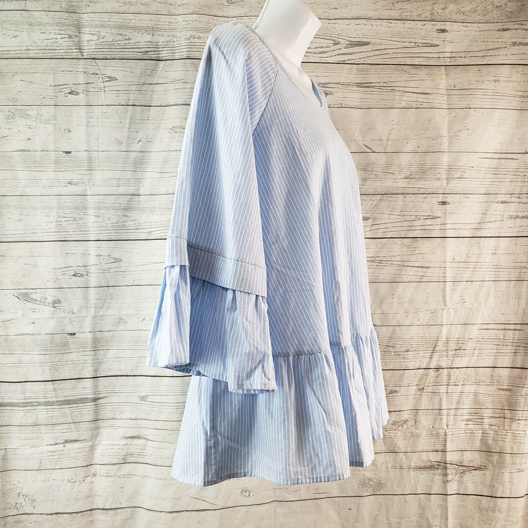 Vintage Pleione Womens Striped Top Shirt 3/4 Sleeve Blue White Ruffle Hem Cotton M Womens Size M / US 6-8 / IT 42-44 - 3 Thumbnail