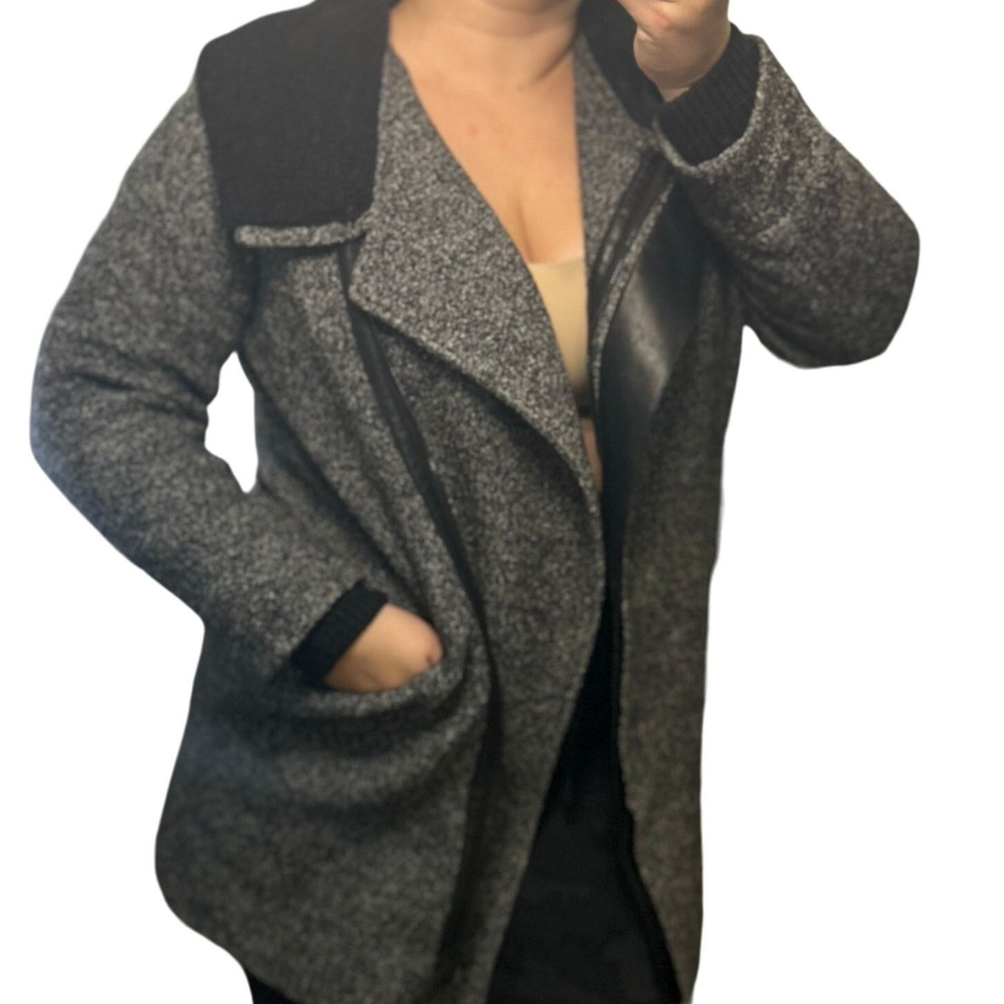 Vince Vince Wool Pea Coat Shawl Collar Gray Black Leather Small Size S / US 4 / IT 40 - 2 Thumbnail