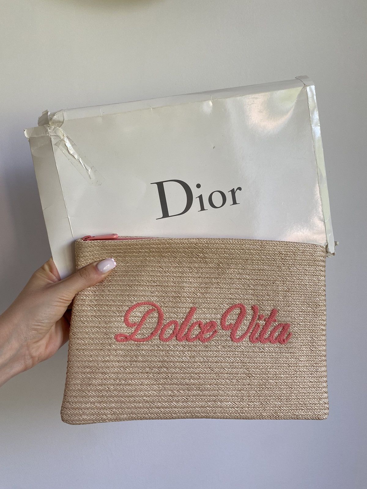 image of New! Dior Straw Beige Cosmetics Bag Toiletry Pouch Clutch, Women's