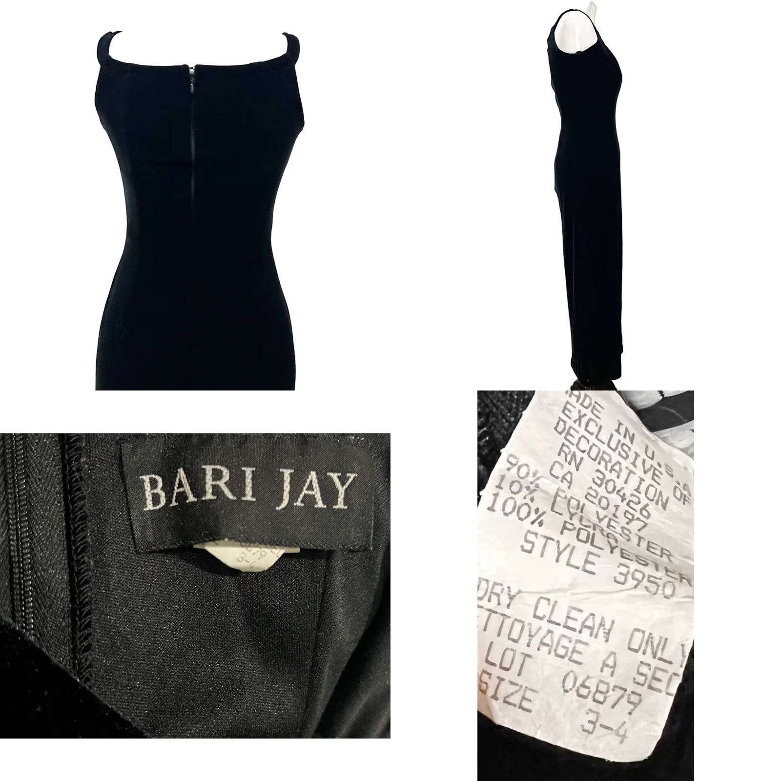 Velvet VINTAGE Bari Jay Maxi Dress Black Velvety Sheath Sleeveless 3/4 Sz © 50" Long Slit 90s Y2K Party/Cocktail Formal Womens Size XS / US 0-2 / IT 36-38 - 8 Thumbnail