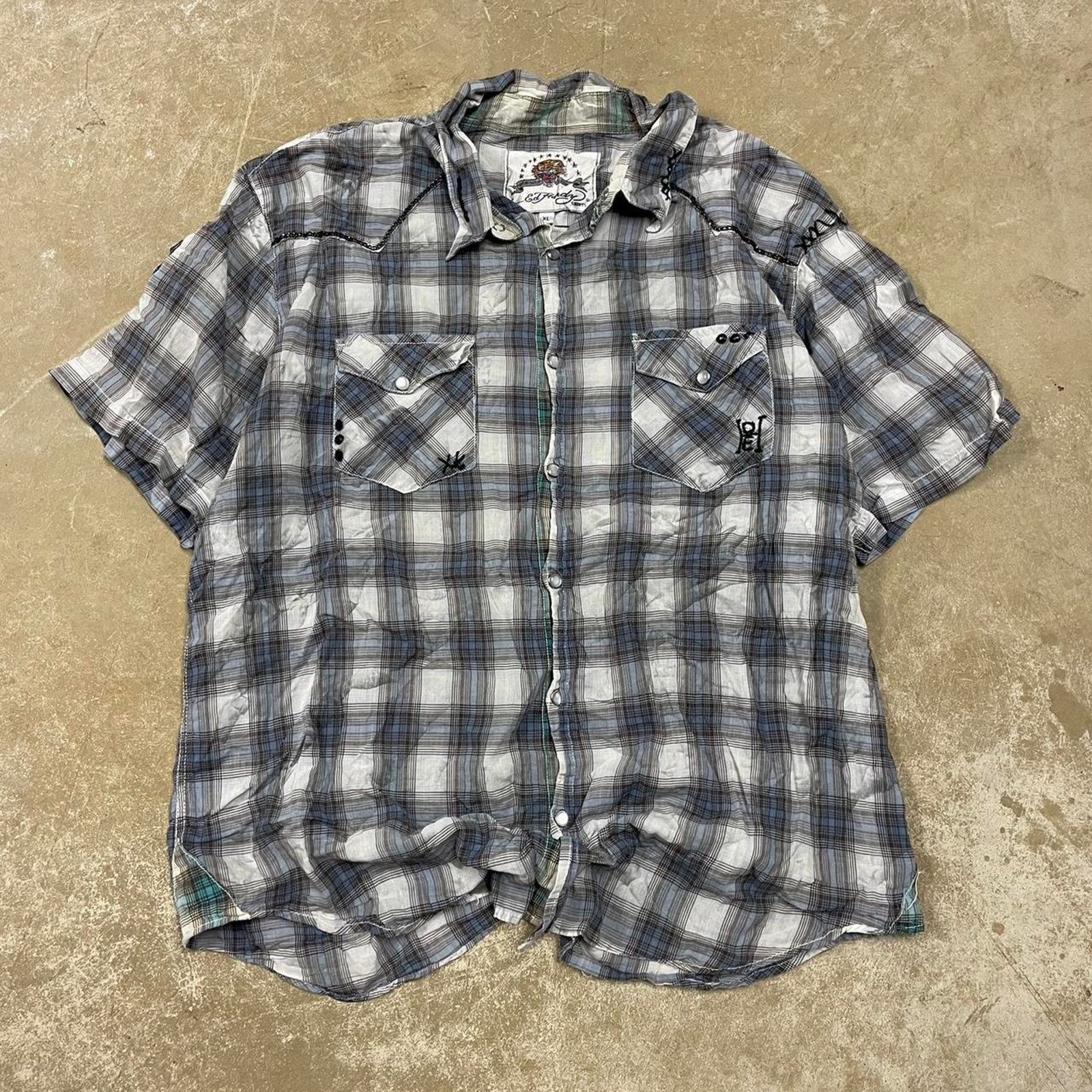 Ed Hardy Y2K Ed Hardy grey and blue plaid button up shirt Size US XL / EU 56 / 4 - 1 Thumbnail