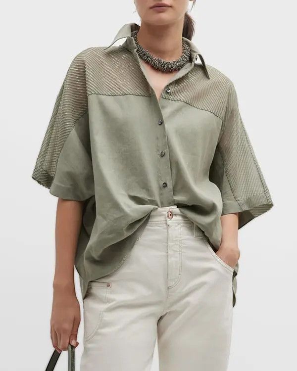 Brunello Cucinelli o1y0725 Short Sleeves Shirt in Sage Green Size M / US 6-8 / IT 42-44 - 1 Preview