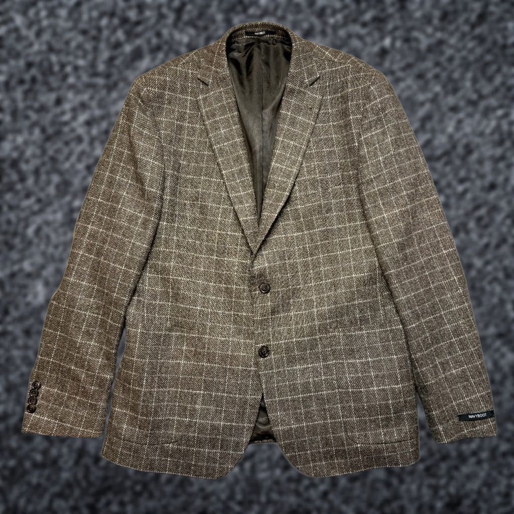 Vintage Navyboot Blazer Shirt Mens EU 54 Brown Plaid Wool 100 Super 100 Wool Jacket Check Tuxedo Adjusted Size 54R - 1 Thumbnail