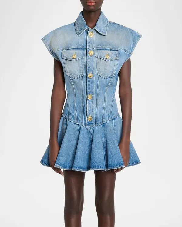 Balmain o1s1wg111025 Denim Mini Dress in Light Blue Size M / US 6-8 / IT 42-44 - 2 Thumbnail